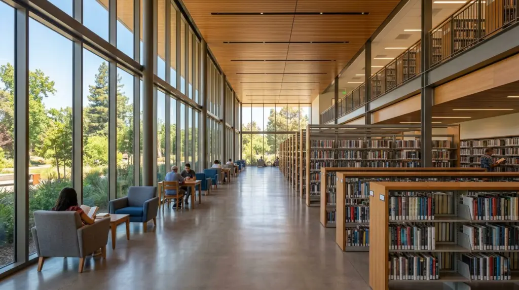 A wide shot inside a modern, airy public library, showing rows of bookshelves and comfortable reading nooks, with natural light streaming through large windows.