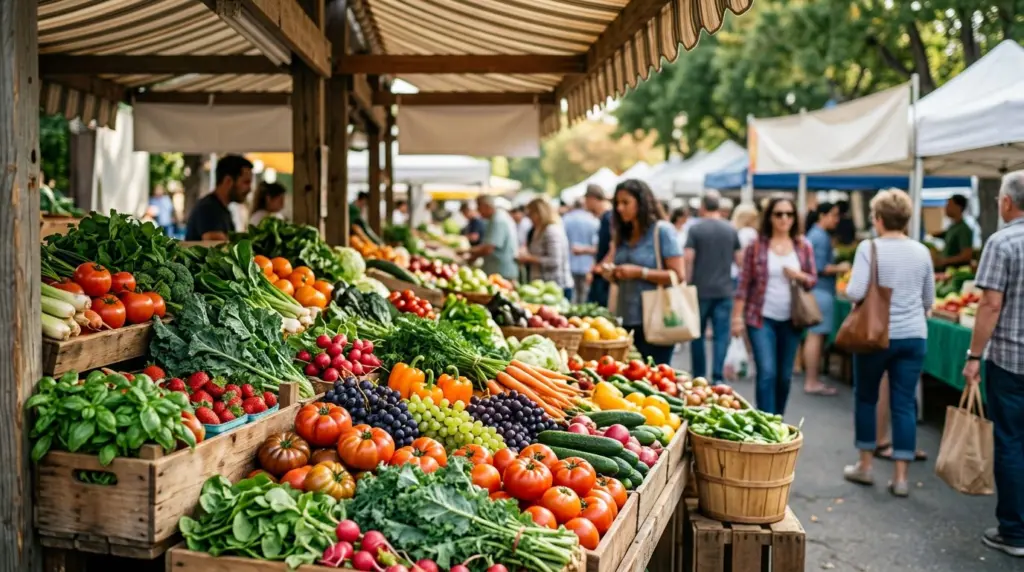 A close-up of a vibrant, overflowing farmers market stall laden with fresh, colorful produce, with blurred activity in the background.