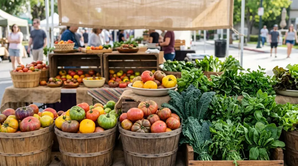 A close-up of a colorful array of fresh, locally grown produce, such as heirloom tomatoes and leafy greens, displayed neatly at a farmers market stall.