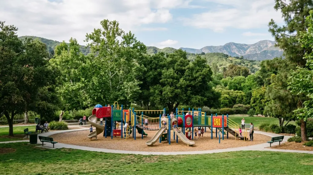 Children's playground equipment, including slides and climbing structures, in a Glendora park, viewed from a distance, with green grass and mature trees in the background.
