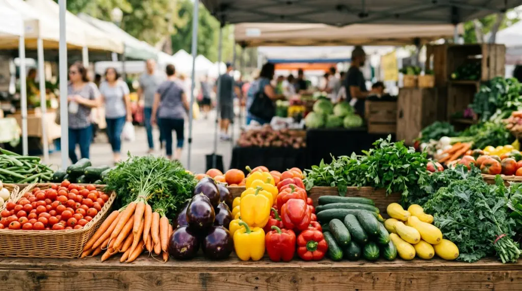A close-up of colorful fresh produce neatly arranged at an outdoor market stall, with blurred activity in the background.