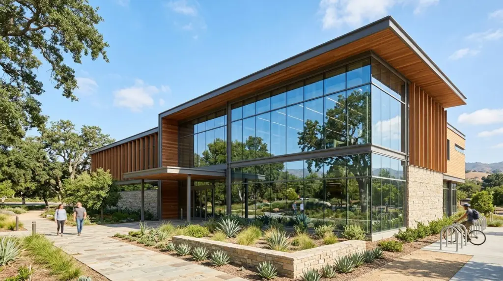 The architectural exterior of a modern library building, featuring large windows reflecting a bright sky and surrounding greenery.