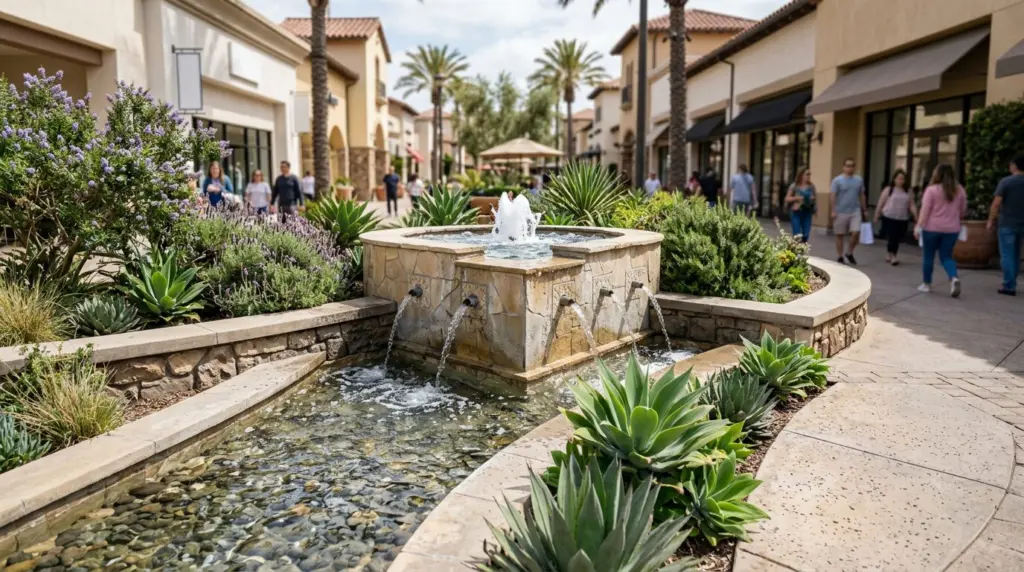 A close-up of a bubbling fountain surrounded by pedestrian walkways and architectural planters with drought-tolerant landscaping at a local outdoor shopping center.