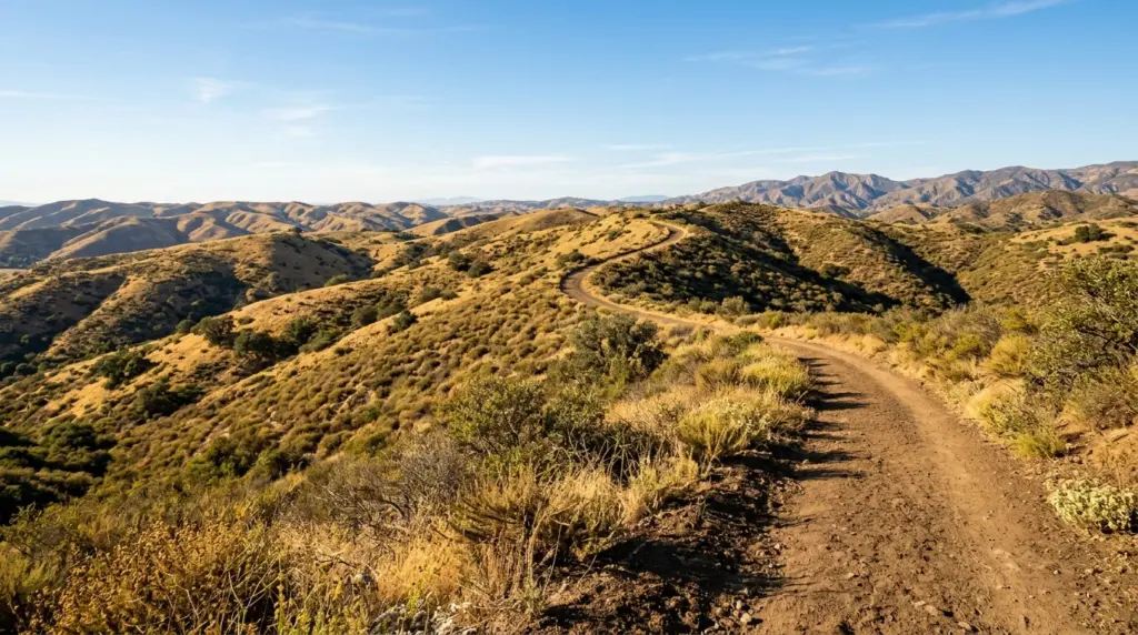 A wide, well-maintained dirt trail curving through the golden hills of Chino Hills State Park, with native chaparral and a clear sky above.