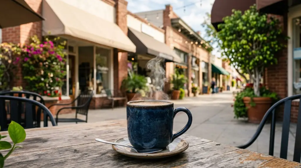 A close-up of a steaming coffee cup on an outdoor patio table in Glendora Village, with blurred boutique storefronts in the background.