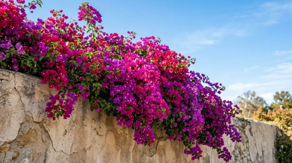 A close-up of the historic Glendora Bougainvillea, its vibrant blooms spilling over a sunlit wall, with clear blue sky above.