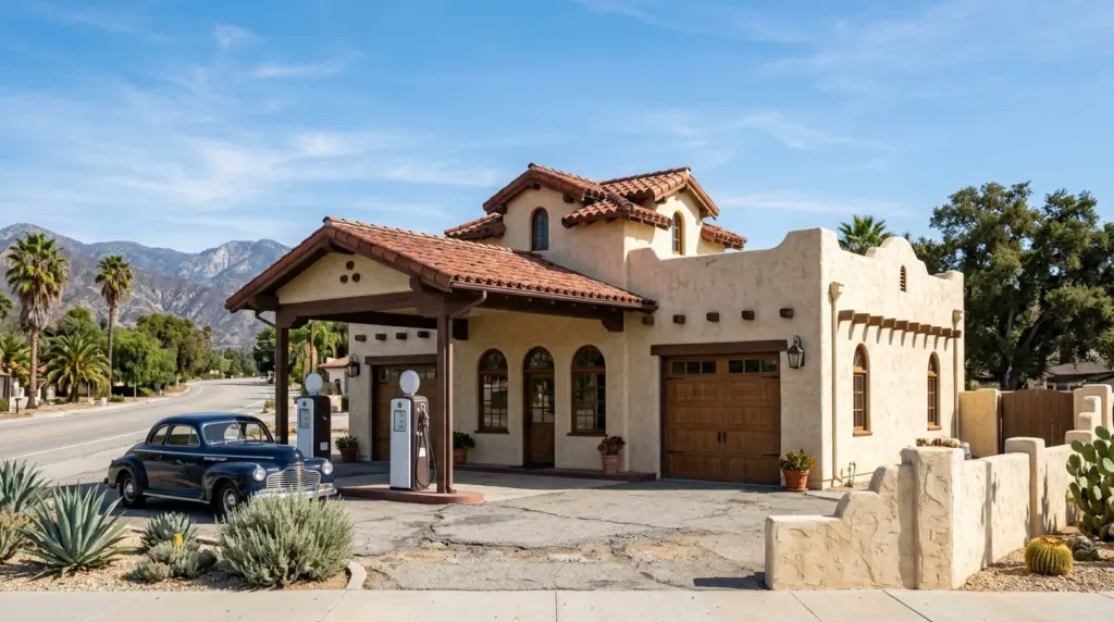 A view of the historic Cucamonga Service Station on Route 66, showcasing its restored architecture under a clear Southern California sky.