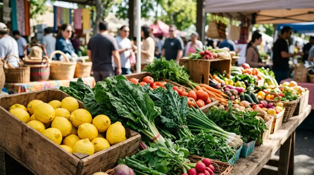 A close-up shot of colorful fresh produce, including ripe lemons and leafy greens, displayed at a bustling outdoor farmers market stall.