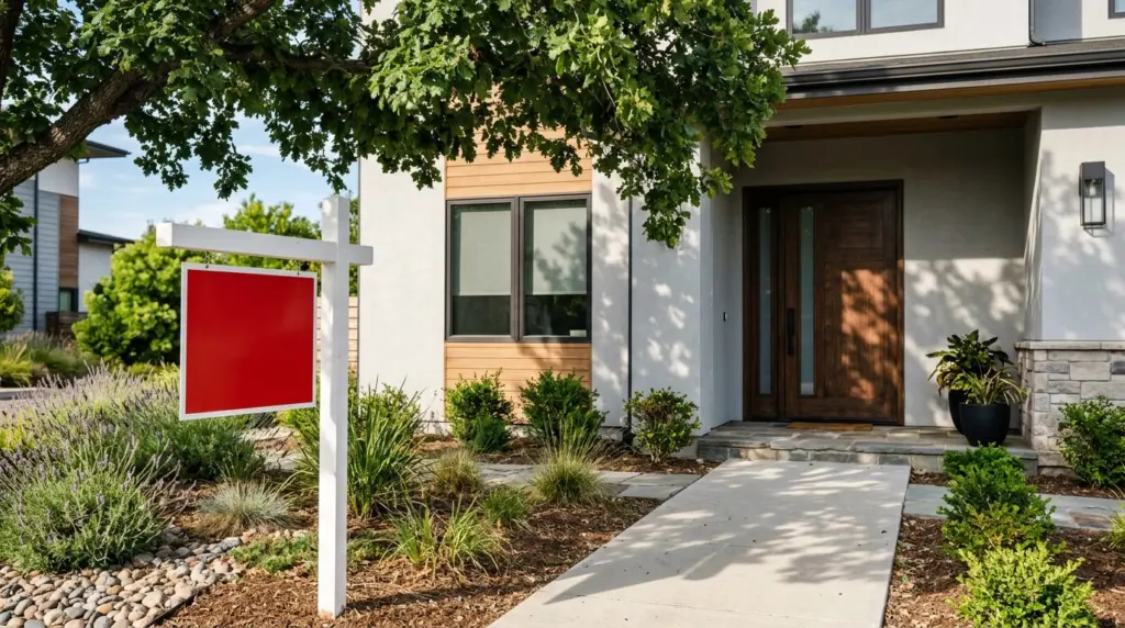 A close-up of a modern front door with a 'For Sale' sign visible in the foreground, partially shaded by a mature tree.