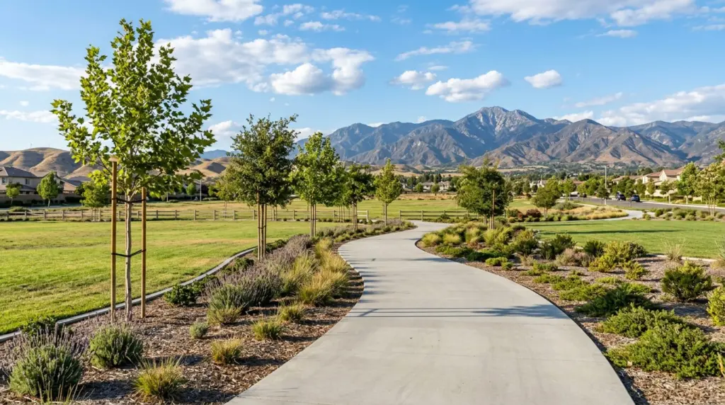 A wide, empty sidewalk winding through a new Eastvale park, with newly planted trees and distant mountain views.