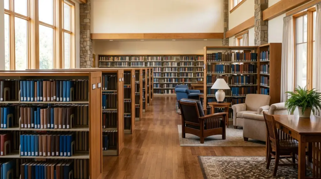 A brightly lit section of a public library interior, featuring rows of bookshelves and comfortable seating areas, without any patrons visible.
