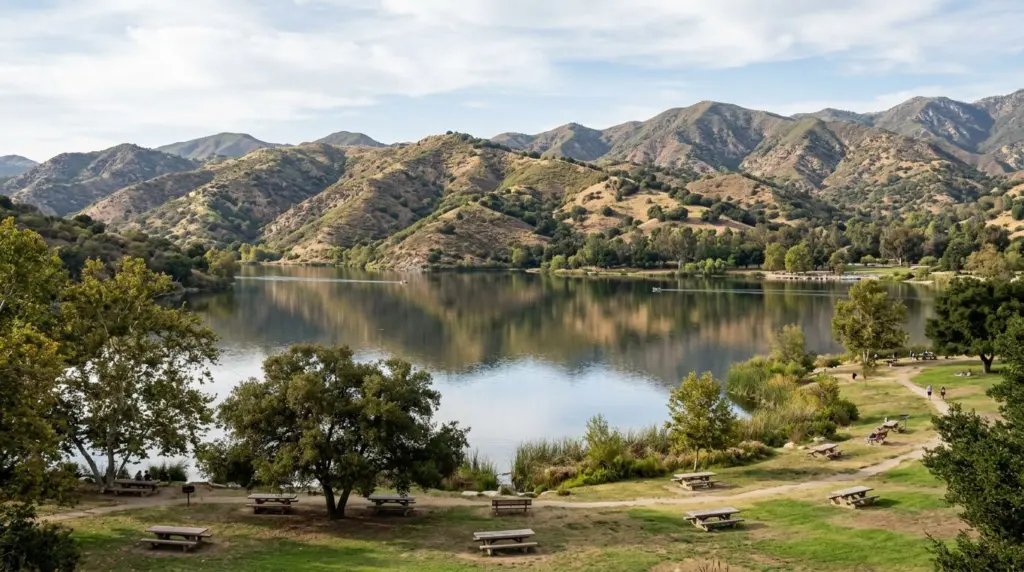 A wide-angle view of Bonelli Regional Park, showing a placid lake reflecting the surrounding hills and scattered picnic tables.