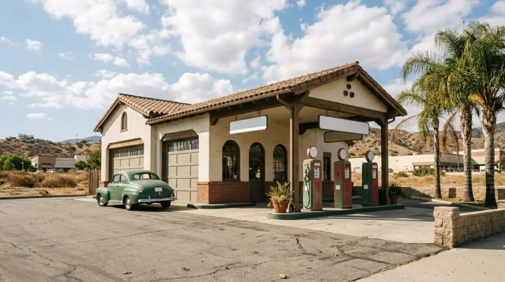 The historic Cucamonga Service Station stands restored against a bright sky, its classic architecture and gas pumps preserved, reflecting local heritage.