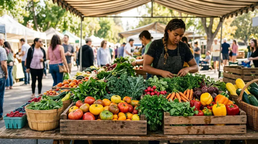 A close-up of colorful, fresh produce displayed at an outdoor market stall, with blurred activity in the background.