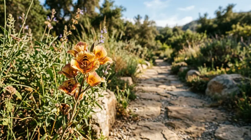 Sunlight illuminating the intricate details of a blooming California native plant at a botanical garden, with a stone path receding into soft focus.