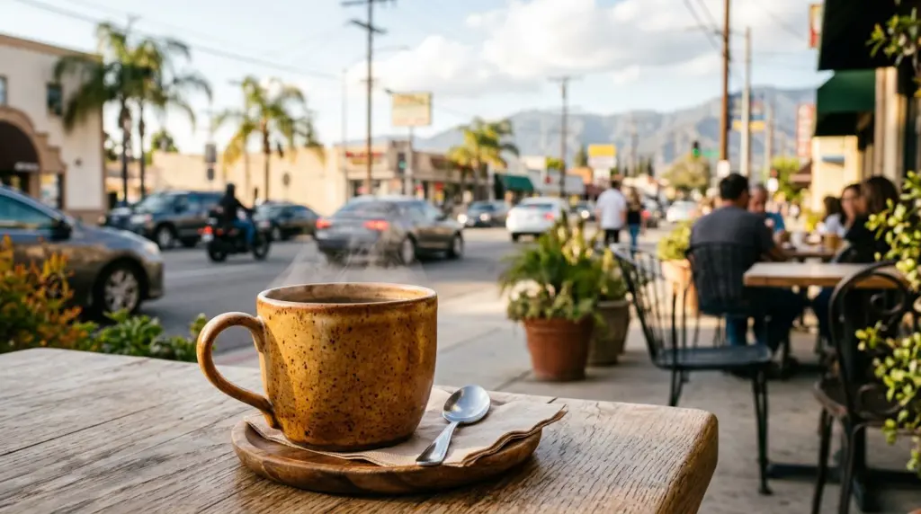 A close-up of a steaming coffee cup on an outdoor patio table, with a blurred street scene of Azusa Avenue in the background.