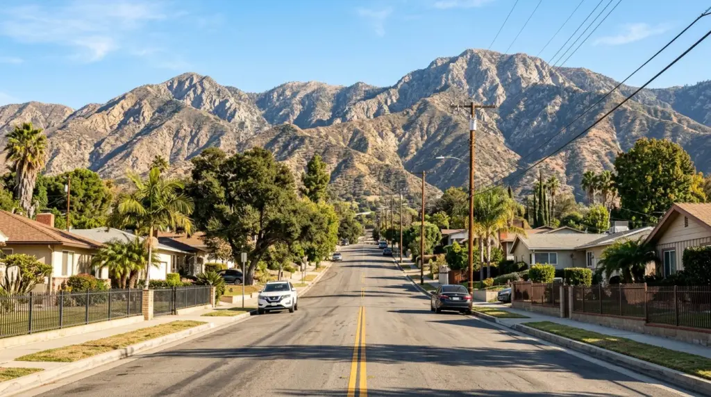 A view looking up a North Azusa street towards the rugged, sun-drenched peaks of the San Gabriel Mountains.