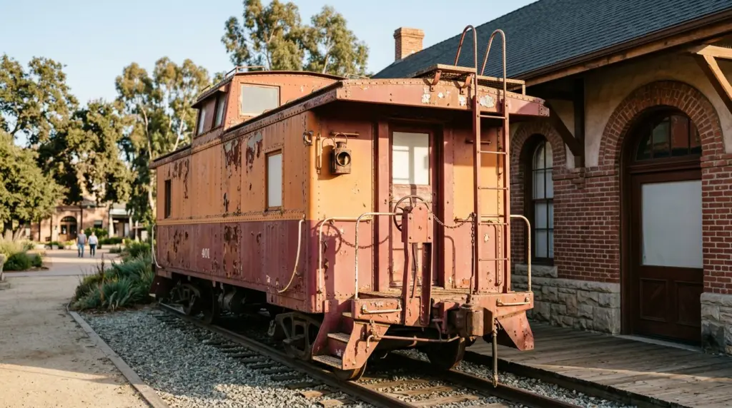 A close-up shot of a vintage train car at the Art Depot Gallery, with the sun highlighting its weathered paint and the historic details of the building behind it.