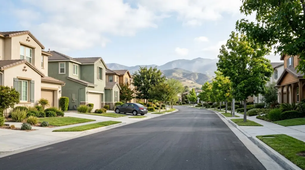A morning view of a quiet street in a north Fontana community, with contemporary homes and well-maintained front yards, a car just pulling out of a driveway in the distance.