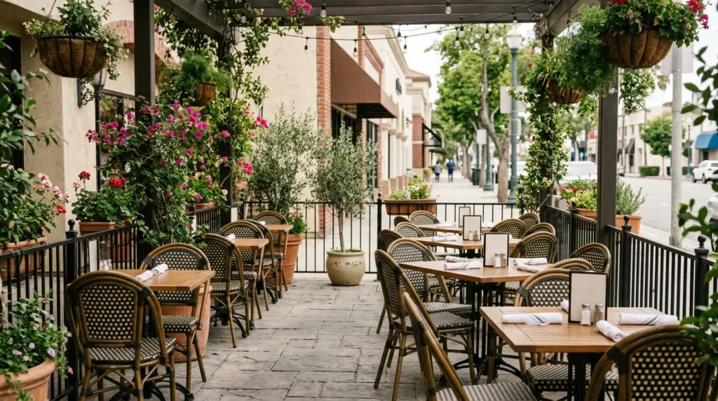 A close-up view of an inviting outdoor dining patio on Glendora Avenue in Downtown West Covina, with empty chairs and tables.