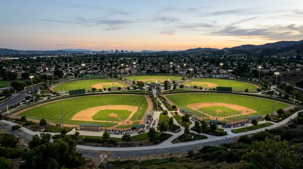 A distant view of the West Covina Sportsplex's well-maintained replica ballfields, illuminated by soft stadium lights at dusk.