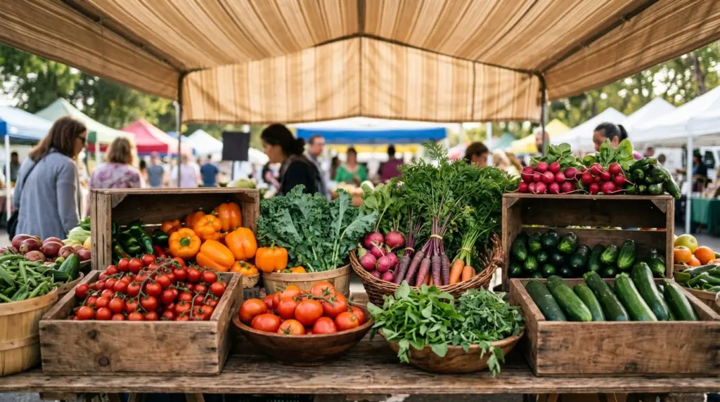 A close-up view of fresh produce at a local farmers market stall, showcasing vibrant colors of fruits and vegetables under a canopy.