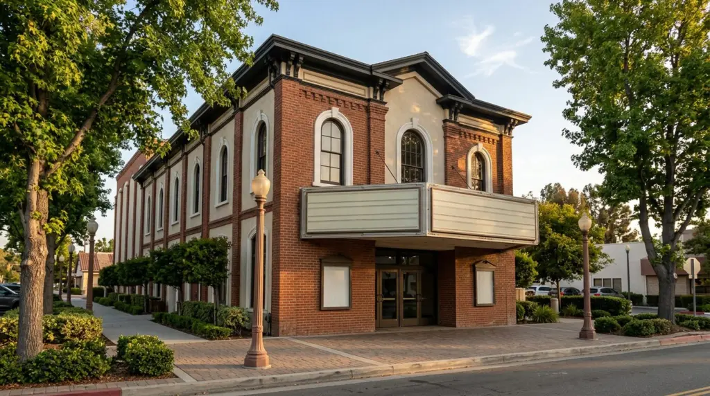 The exterior of the Covina Center for the Performing Arts, with its marquee showing a generic play title, bathed in the soft glow of late afternoon sun.