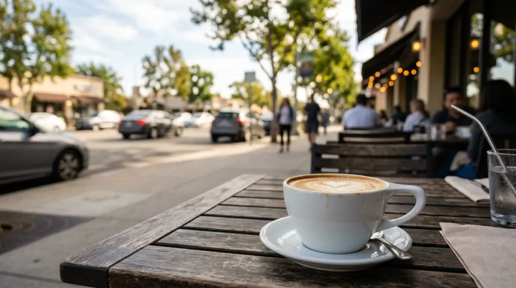 A close-up of a coffee cup on an outdoor patio table at a cafe along Diamond Bar Boulevard, with blurred street activity in the background.