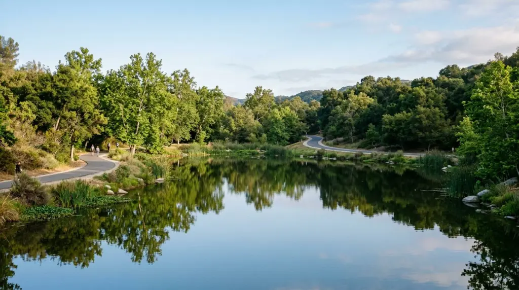 The calm water of a pond at Sycamore Canyon Park reflects the surrounding trees and walking path.