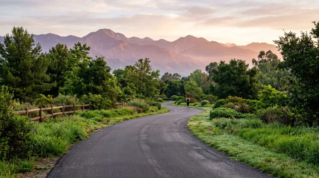 A section of the Pacific Electric Trail at dawn, showing the paved path curving gently between green landscaping, with distant mountains visible.