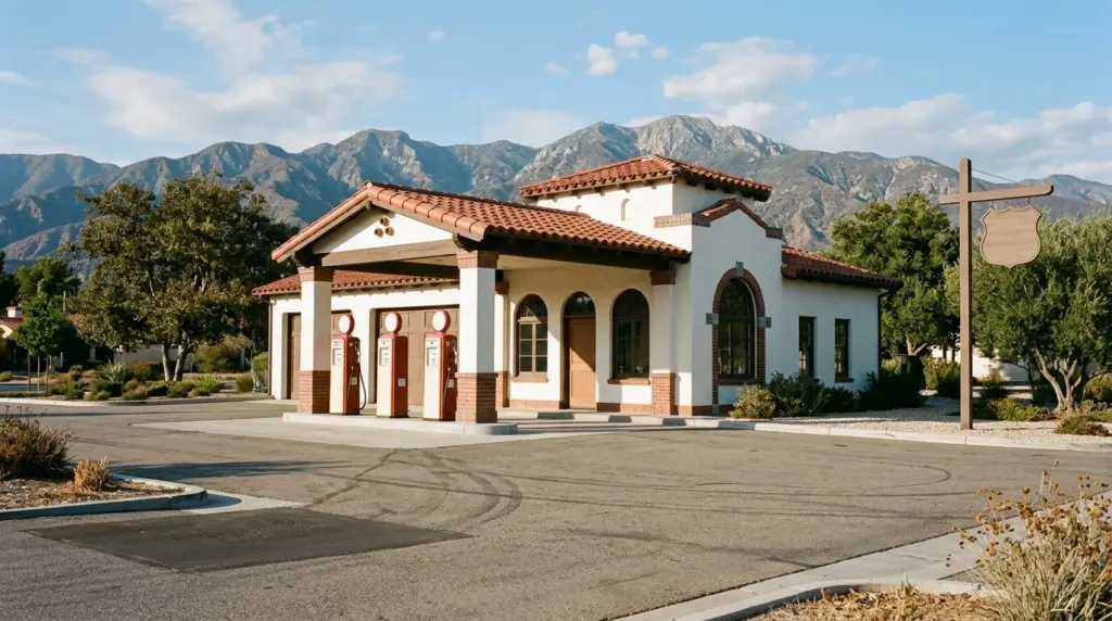 The restored Cucamonga Service Station on historic Route 66, its vintage pumps and architecture gleaming under the afternoon sun.