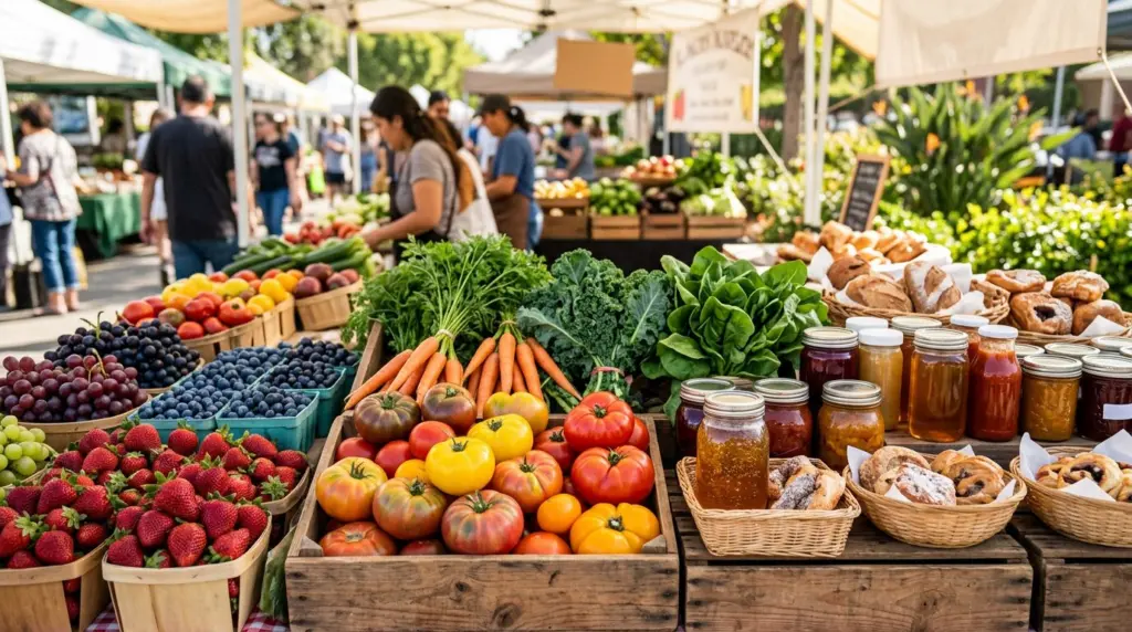 A close-up of fresh produce and artisanal goods displayed at an outdoor farmers market stall, with vibrant colors and textures visible.