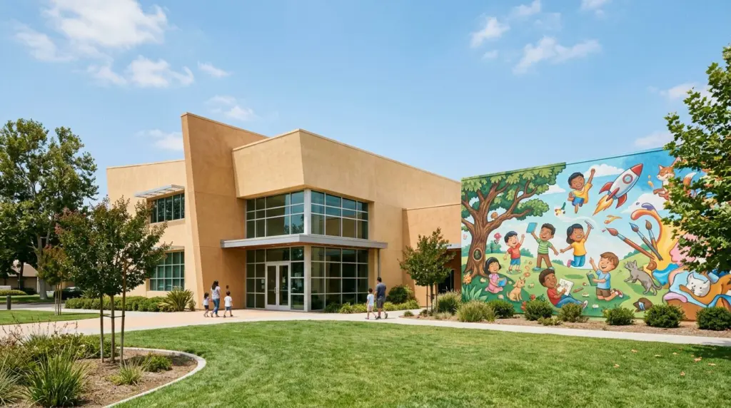 The exterior of the Chino Youth Museum, featuring its distinctive architecture and a colorful mural on an adjacent wall, with a small patch of green lawn in front.