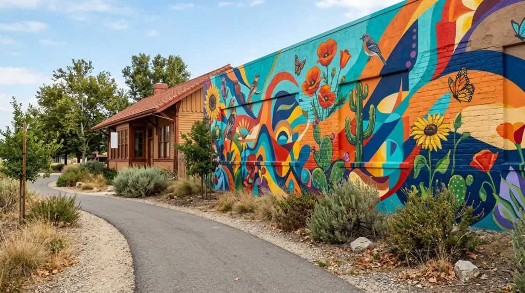 A close-up of a vibrant, colorful mural on the exterior wall of the Art Depot Gallery, with a segment of the Pacific Electric Trail visible in the foreground.