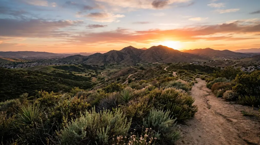 The sun setting over the Jurupa Hills, casting long shadows across the landscape of Martin Tudor Jurupa Hills Regional Park, with native chaparral plants in the foreground.