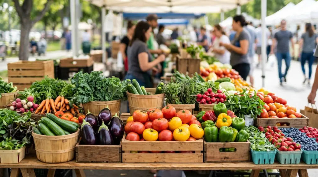 A close-up of colorful, fresh produce neatly arranged at an outdoor farmers market stall, with blurred background elements suggesting activity.