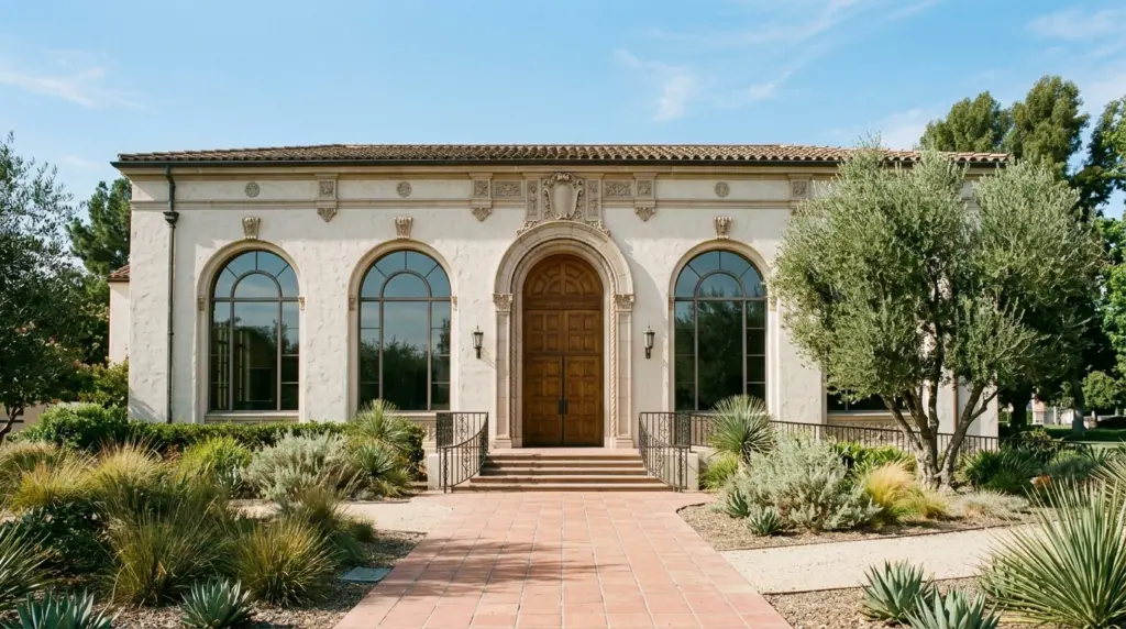 The historic facade of a public library building in Ontario, CA, with large arched windows and a prominent entrance, framed by drought-tolerant landscaping.
