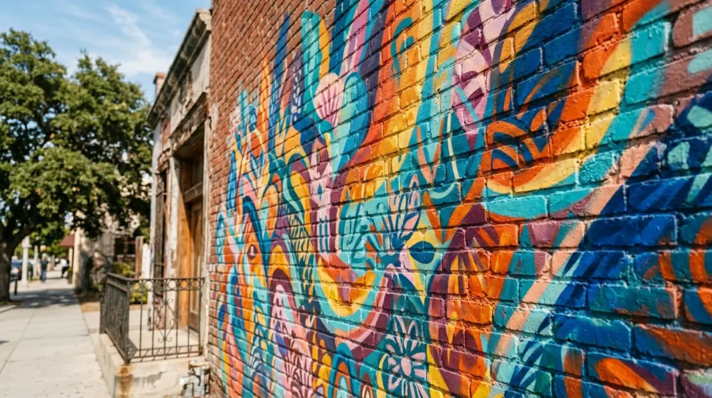 A close-up of a vibrant mural on a brick wall in the Downtown Pomona Arts Colony, with diverse colors and abstract shapes, reflecting the California sun.