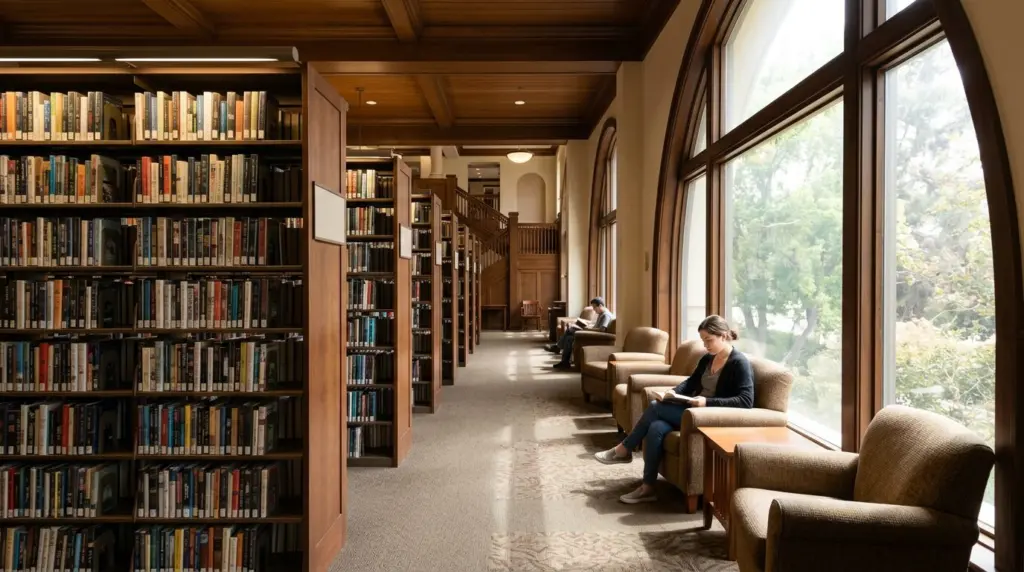 A view inside the Pomona Public Library, showing rows of bookshelves and comfortable reading chairs near a large window, with natural light streaming in.
