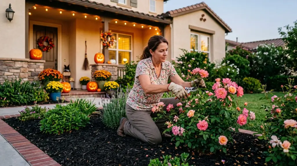 A close-up of a homeowner carefully pruning a rose bush in a Chino garden, with neatly edged flowerbeds and fresh mulch visible in the foreground.