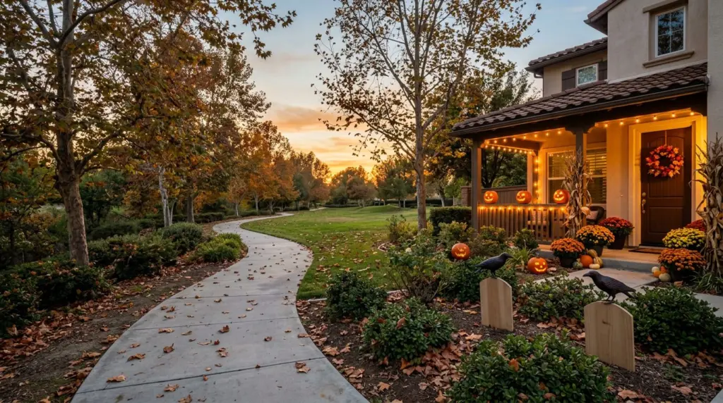 A wide shot of a community green space in The Preserve, Chino, showing well-maintained trails and mature trees with some fallen leaves, hinting at the need for neighborhood-wide tidiness.
