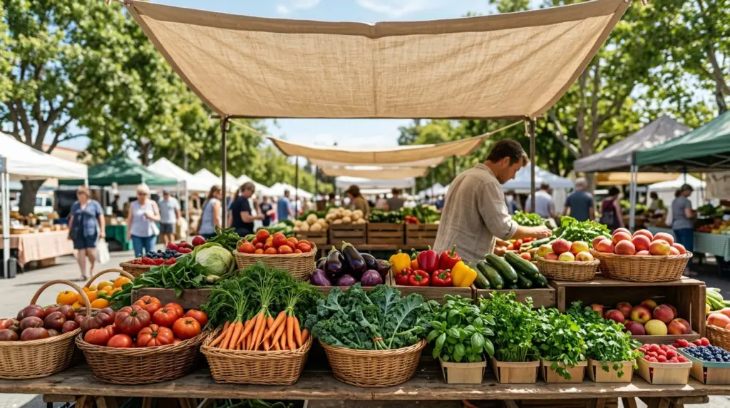 A close-up shot of a local farmers' market stall displaying colorful, fresh produce in baskets, with a canvas awning providing shade on a sunny day.