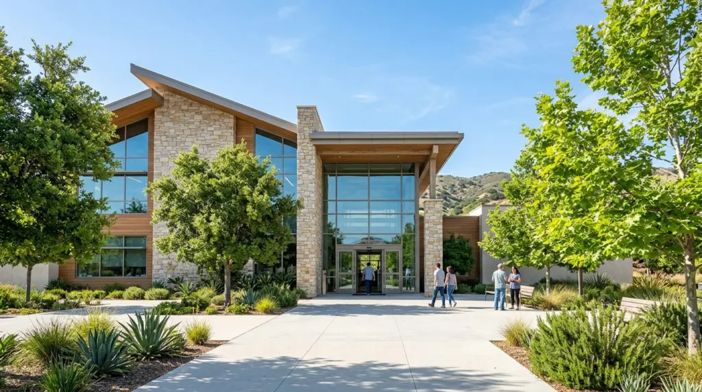 The grand entrance facade of the James S. Thalman Chino Hills Branch Library, showcasing its modern architecture and a few green trees in front, under a bright afternoon sun.