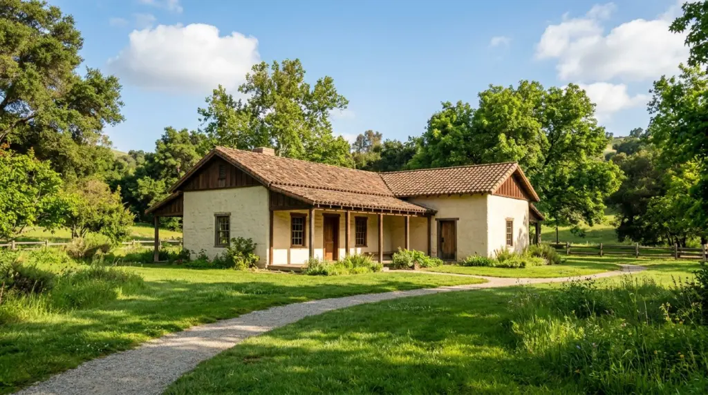 The historic William R. Rowland Adobe Redwood Ranch House standing peacefully amidst green parkland on a sunny afternoon.