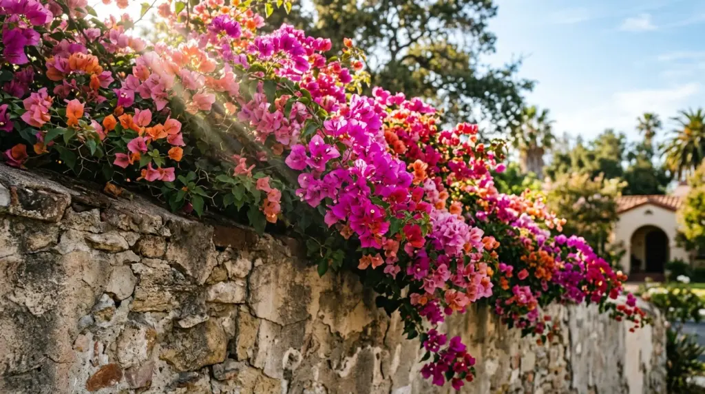 A close-up of colorful bougainvillea blossoms cascading over a historic wall in Glendora, with sunbeams highlighting the vibrant petals.