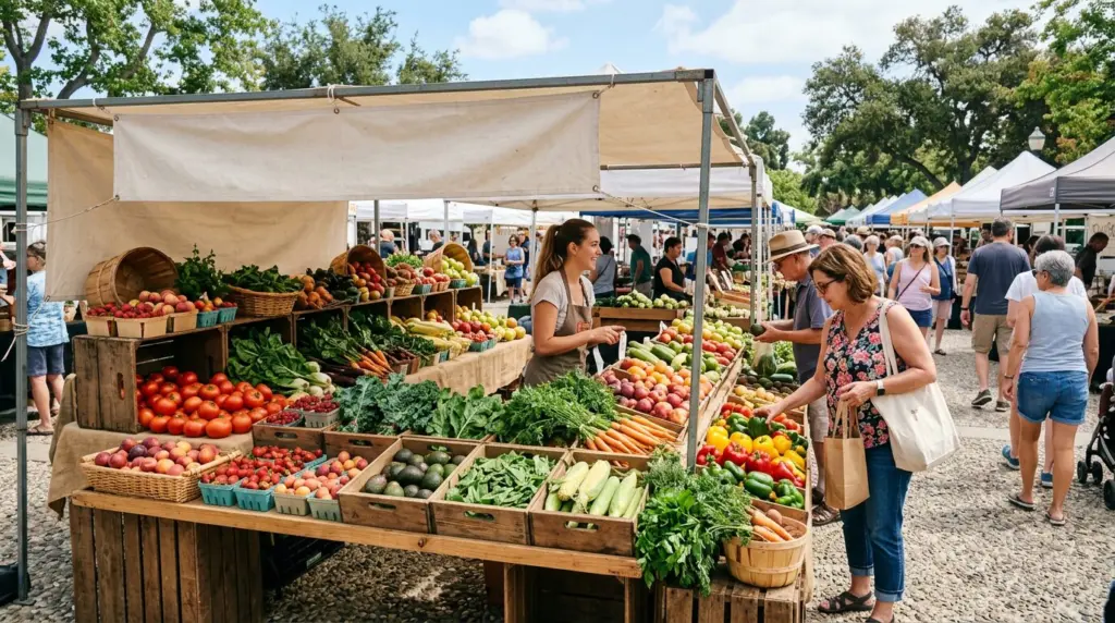 A wide shot of a bustling outdoor farmers market stall, featuring a variety of fresh produce neatly arranged in baskets and crates.