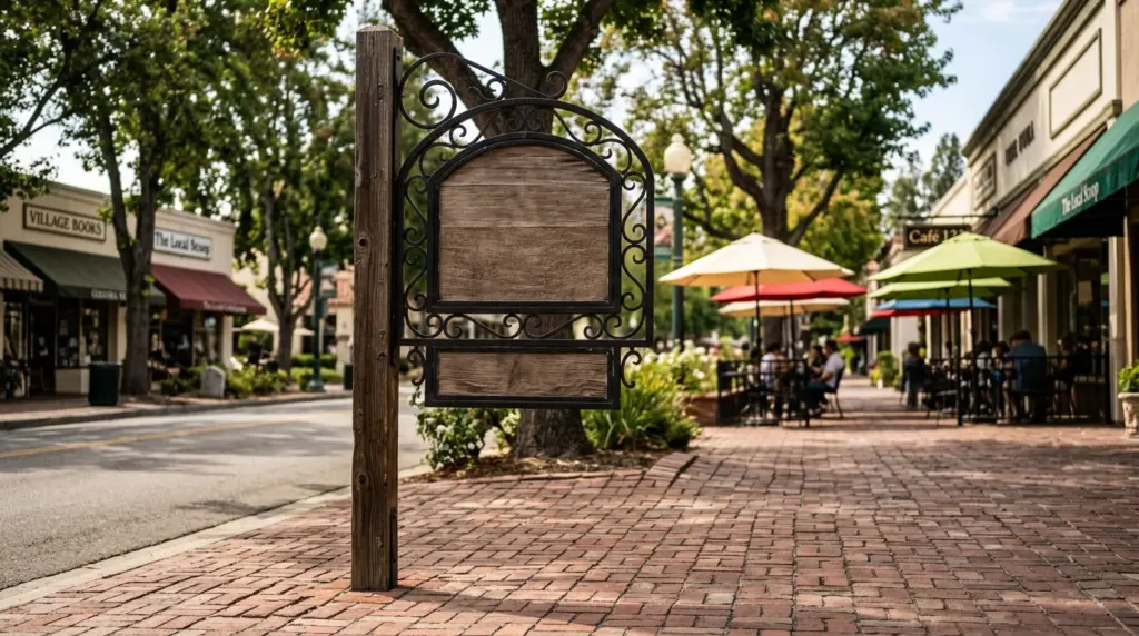 A close-up of a 'Glendora Village' sign, with brick paving and a distant glimpse of cafe umbrellas.