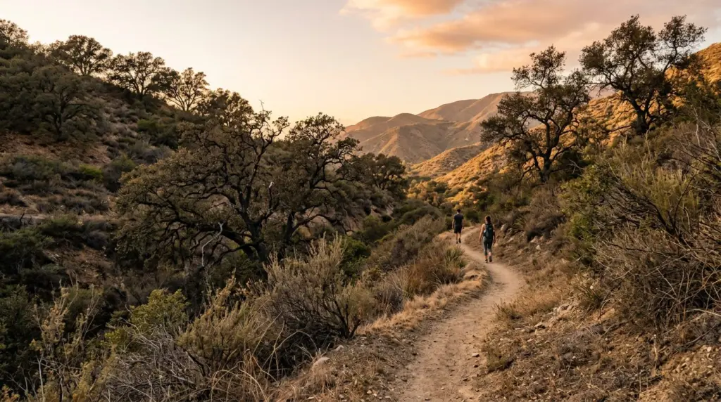 A winding section of the Colby Trail, with dry brush and oak trees on either side, bathed in late afternoon sun.