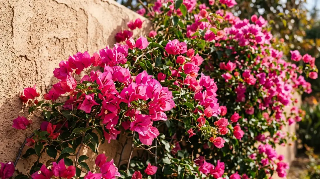 A close-up of vibrant Glendora Bougainvillea blooming against a stucco wall, with sunlight highlighting its colorful petals.