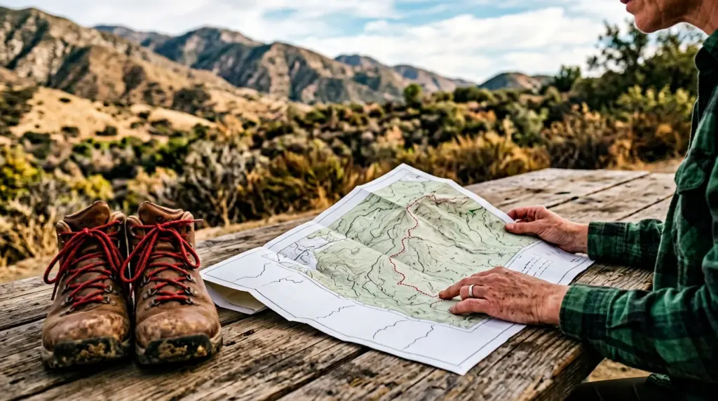 A person's hands tracing a map of the Colby Trail, with hiking boots visible in the foreground, suggesting preparation for an outdoor adventure.